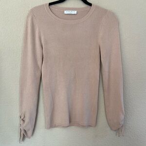 Sandro Women’s Beige Long Sleeve Sweater sleeve tie detail ribbed Sz S? Flaw
